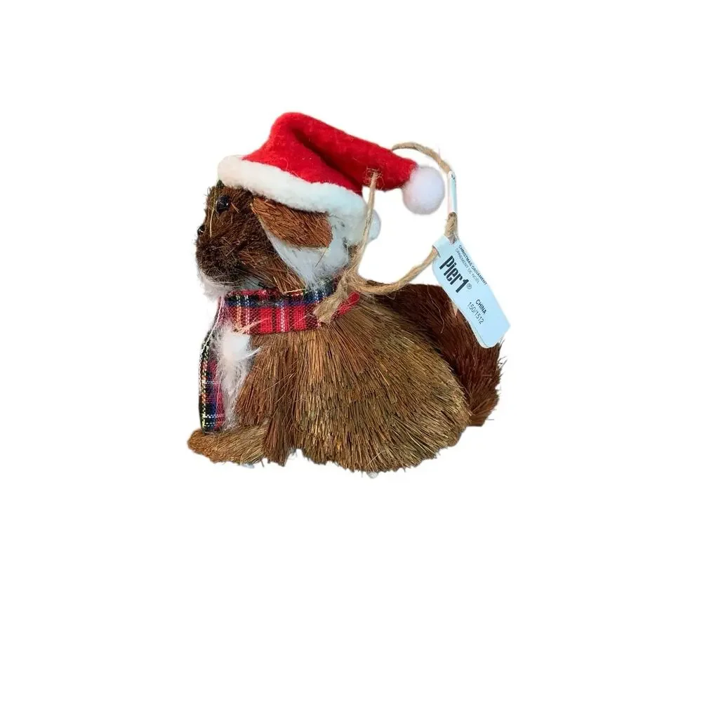Pier 1 Imports Sisal Dog Christmas Tree Ornaments Set of 3 Santa Hat Plaid 5.5